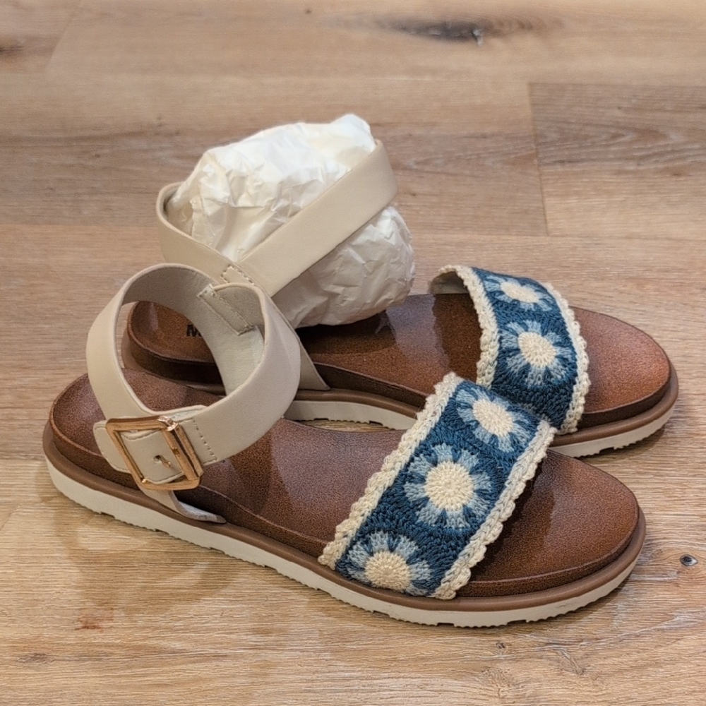 Madeline Beige Ankle Strap Sandals with Blue Daisy Crochet